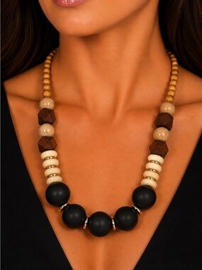 Chico's Vintage Chunky Wood Bead Statement Necklace Boho 29' EUC
